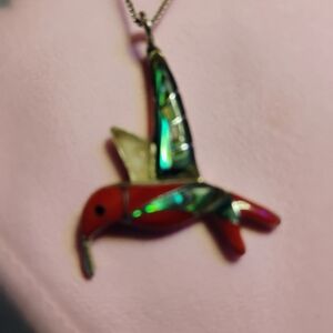 🛑LOWEST PRICE 🛑NAVAJO STERLING, HUMMINGBIRD INLAY, CORAL, ABALONE. 18-IN CHN.